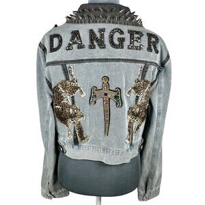 Azalea Wang DANGER Jean Jacket Large Studded Leopard Beaded Bling Goth Edgy Punk